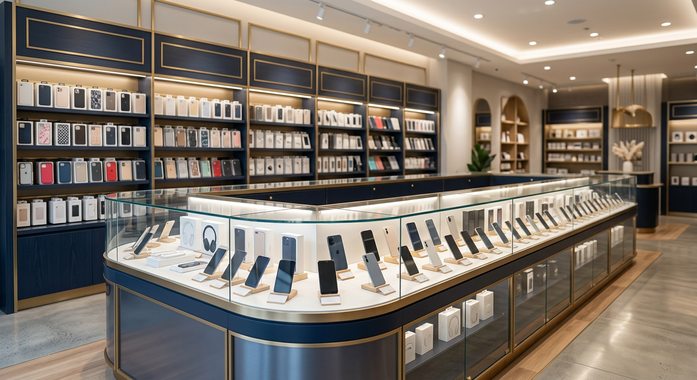 Glass display counter with smartphones and accessories in a phone store